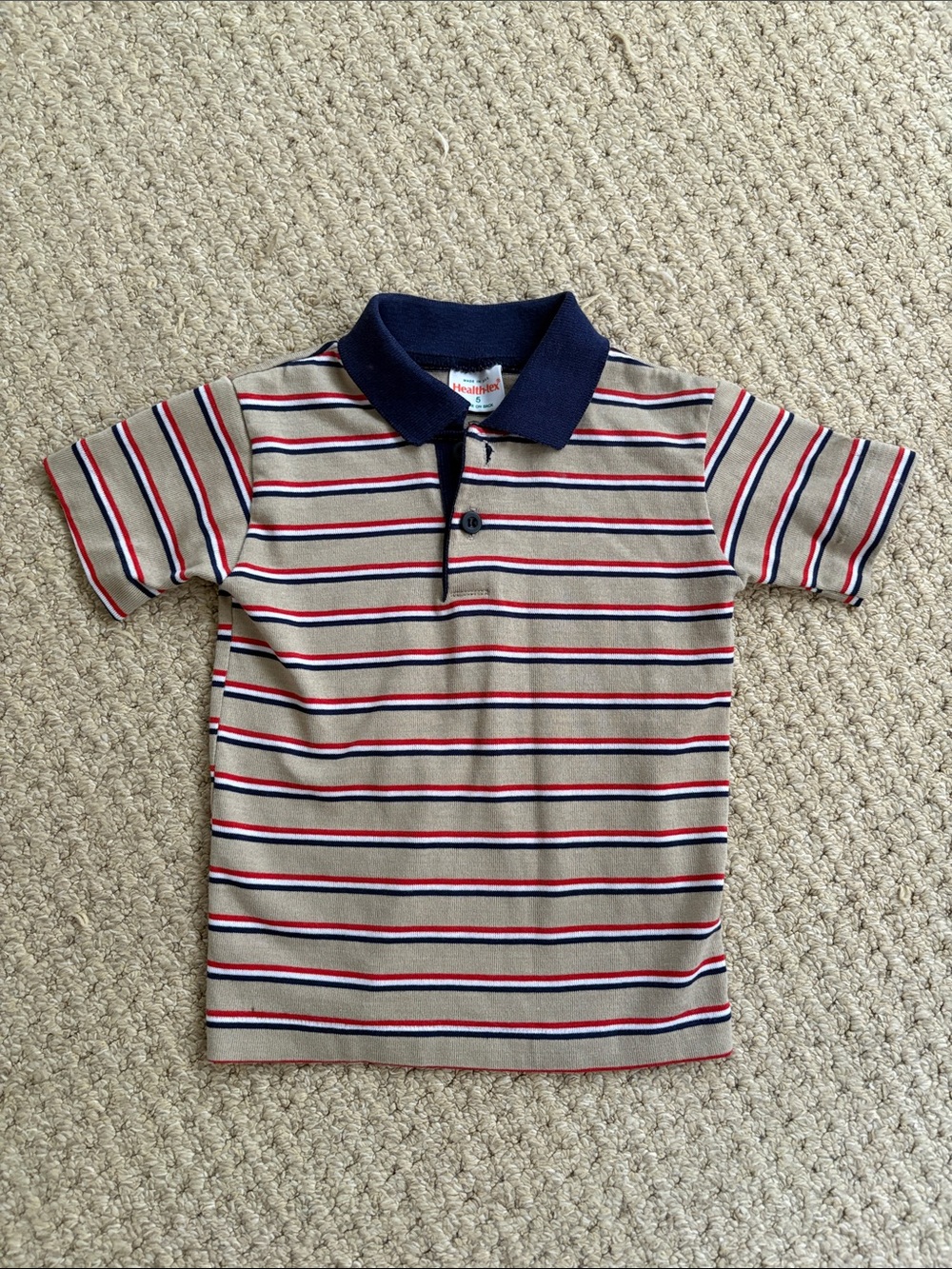 Vintage Health-Tex Boys Size 5 Tan Navy Stripe Polo